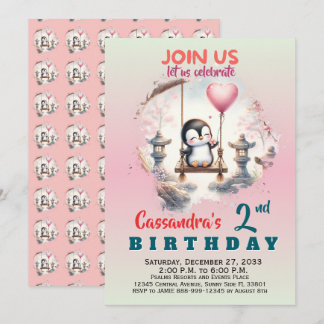 Modern Party Animals Penguin Kids Boy Girl Invitation