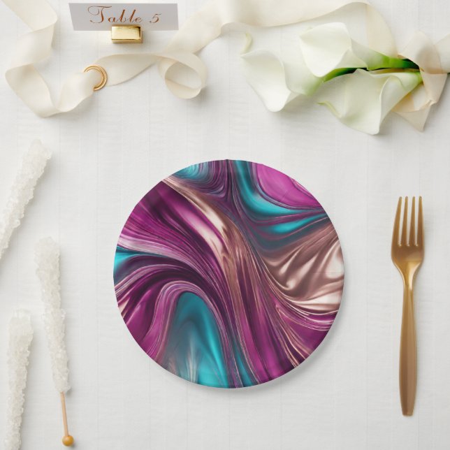 Modern Party Supplies-Magenta Turquoise Gold- Paper Plate (Wedding)