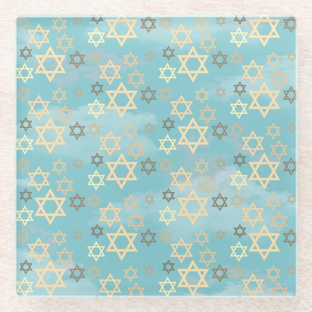 Modern Passover Blue Sky Stars of David Glass Coaster (Front)