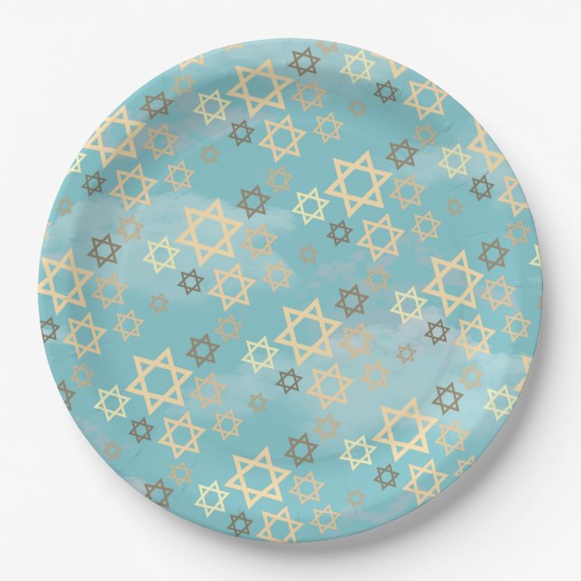 Modern Passover Blue Sky Stars of David Paper Plate (Front)