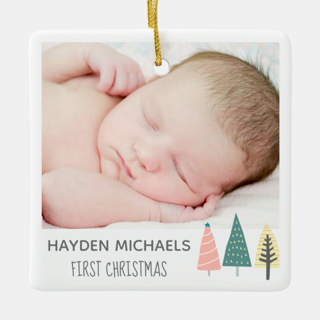 Modern Pastel Baby's First Christmas Custom Photo Ceramic Ornament (Front)