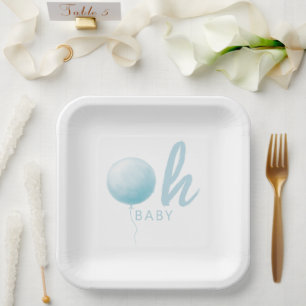 Modern Pastel Blue Balloon Baby Boy Shower Party Paper Plate