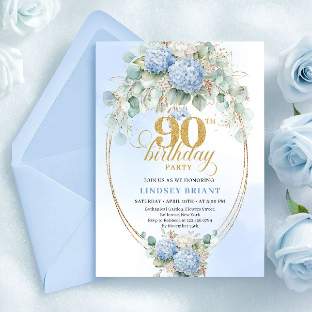 Modern Pastel Blue Floral Gold 90th Birthday Card (Modern Pastel Blue Floral Gold 90th Birthday Card)