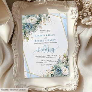 Modern Pastel Blue Gold Peonies Wedding Invitation