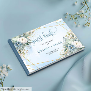 Modern Pastel Blue Peonies Gold Wedding Guest Book
