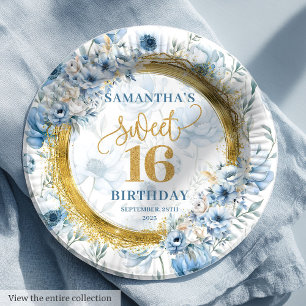 Modern Pastel Blue Sweet 16 Gold Glitter Party   Paper Plate