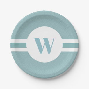 Modern pastel blue symmetrical flower monogram paper plate