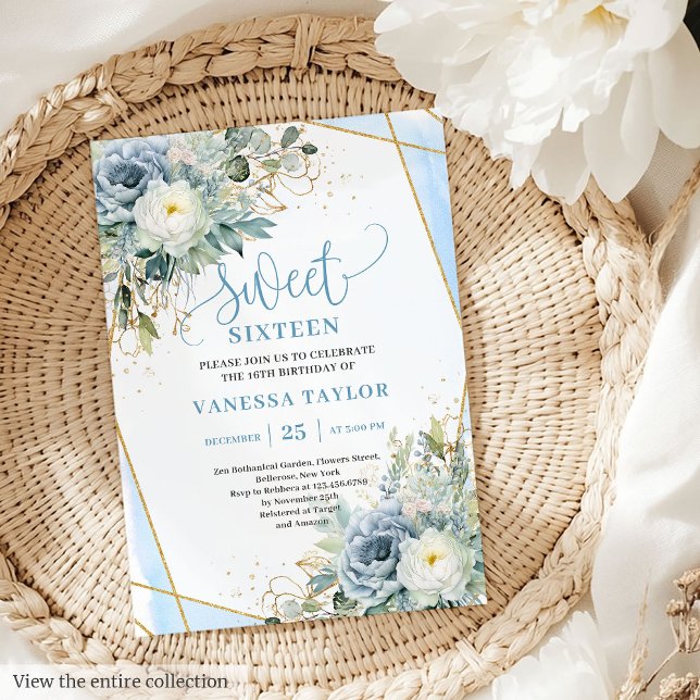 Modern pastel blue white floral sweet 16 invite (Modern pastel blue white floral sweet 16 invite

)