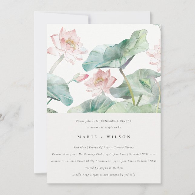 Modern Pastel Blush Waterlily Rehearsal Dinner  Invitation (Front)