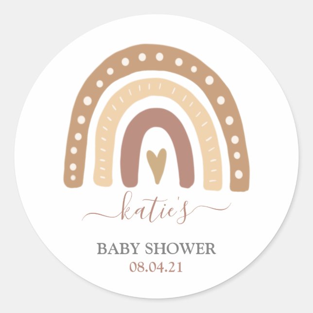 Modern Pastel Brown Rainbow Boho Baby Shower Classic Round Sticker (Front)