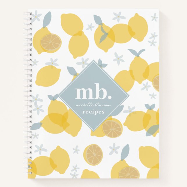 Modern Pastel Citrus Lemons Monogram Recipe Notebook (Front)