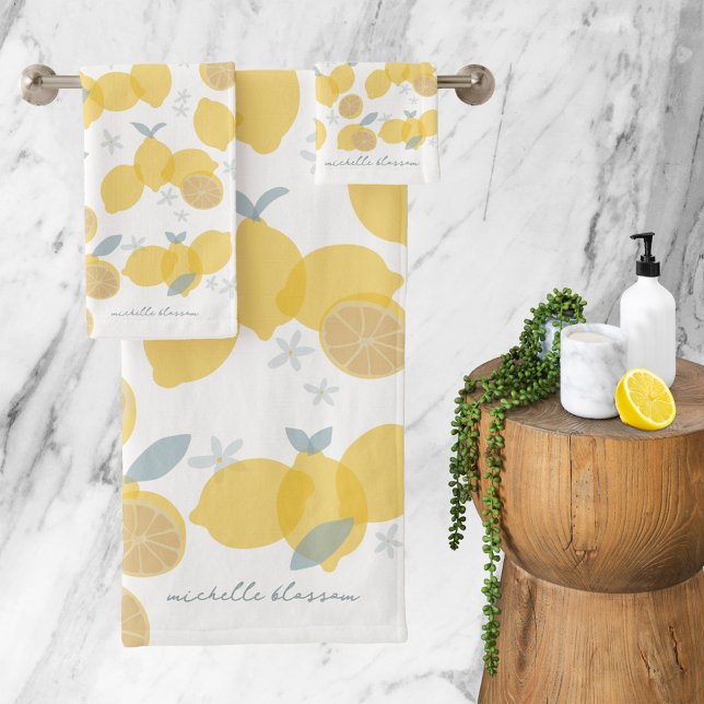 Modern Pastel Citrus Lemons Monogram Script Bath Towel Set (Modern Pastel Citrus Lemons Monogram Script Bath Towel Set)