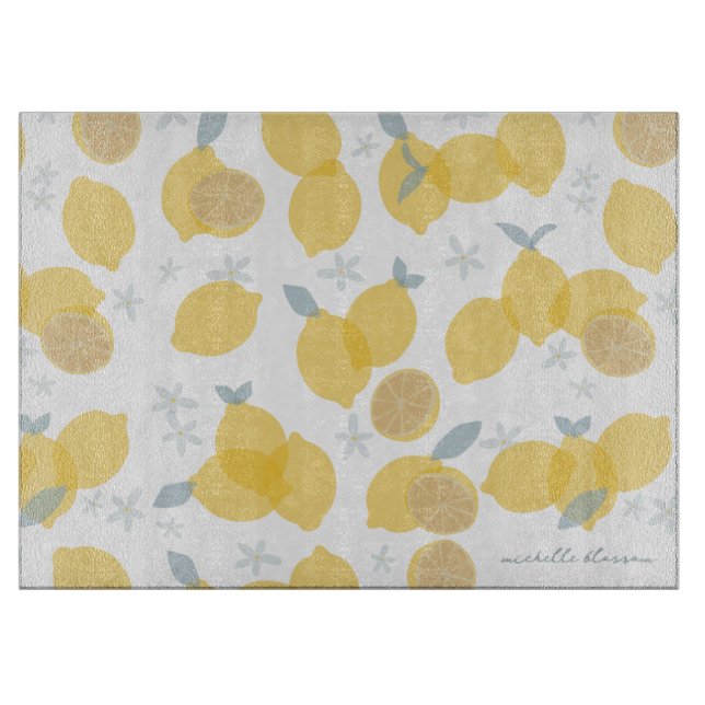 Modern Pastel Citrus Lemons Pattern Monogram Cutting Board (Front)