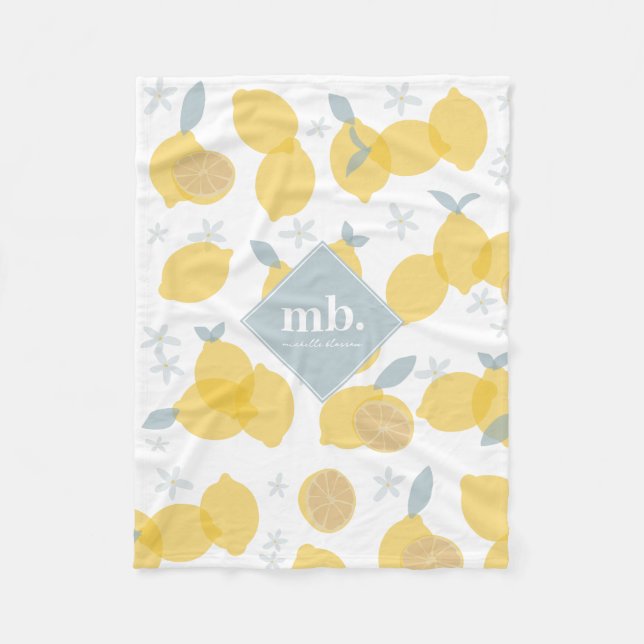 Modern Pastel Citrus Lemons Pattern Monogram Fleece Blanket (Front)