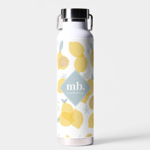 Modern Pastel Citrus Lemons Pattern Monogram Water Bottle