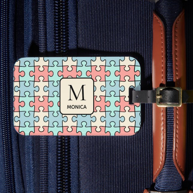 Modern Pastel Colour Puzzle Pieces Monogram  Luggage Tag (Front Insitu 4)