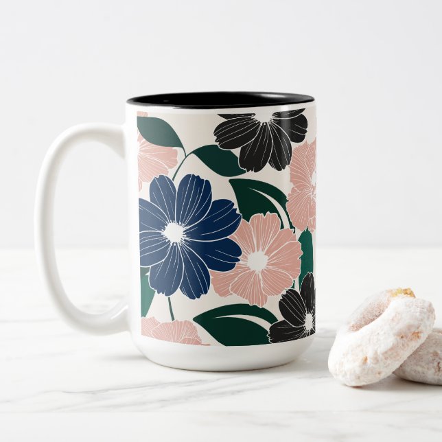 Modern Pastel & Dark Flower Two-Tone Coffee Mug (With Donut)
