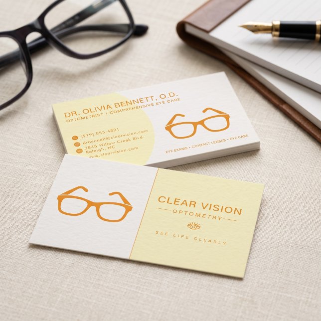 Modern Pastel Eyeglasses Optometrist Business Card (Simulated business cards on table)