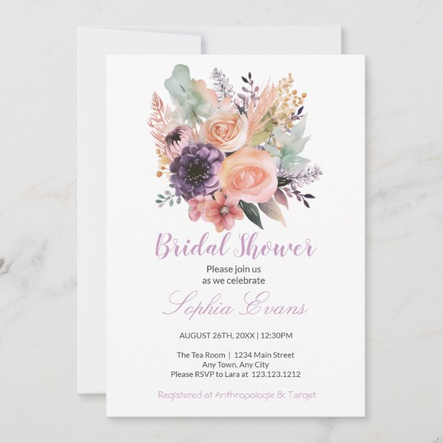 Modern Pastel Floral Bouquet White Bridal Shower Invitation (Front)