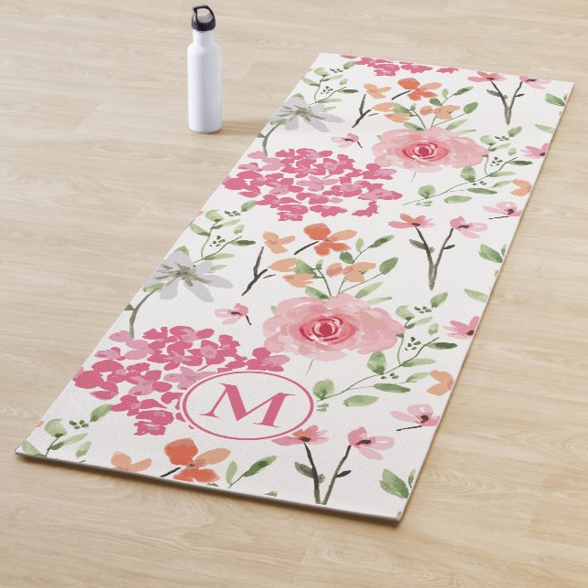 Modern Pastel Floral Watercolor Monogram Custom Yoga Mat (In Situ)