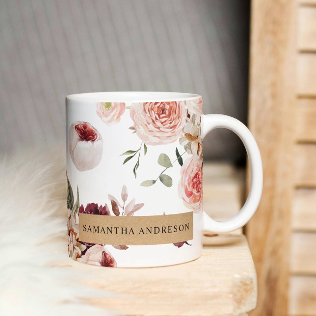 Modern Pastel Flowers & Kraft Personalised Gift Coffee Mug (Creator Uploaded)