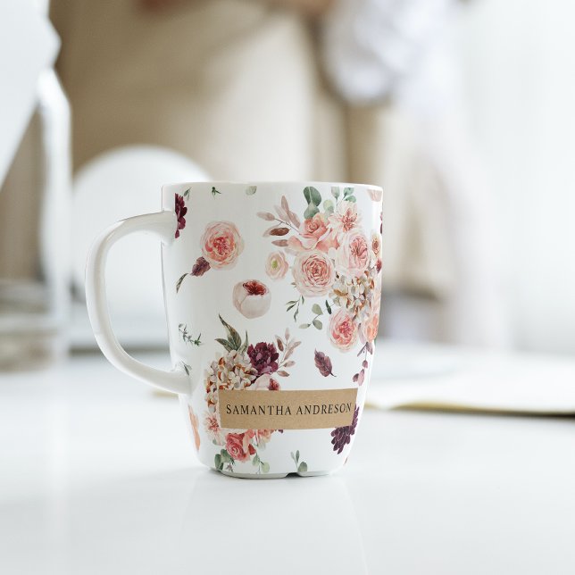 Modern Pastel Flowers & Kraft Personalised Gift Latte Mug (Creator Uploaded)