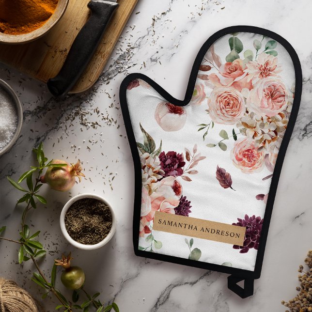 Modern Pastel Flowers & Kraft Personalised Gift Oven Mitt & Pot Holder Set (Creator Uploaded)