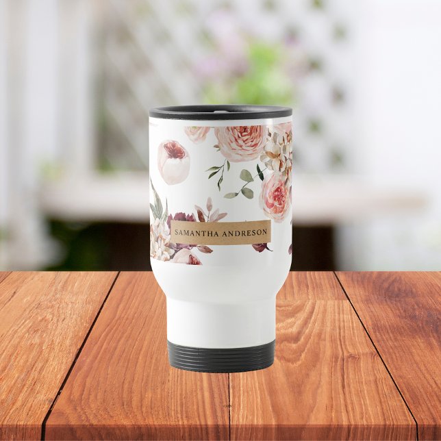 Modern Pastel Flowers & Kraft Personalised Gift Travel Mug (Creator Uploaded)