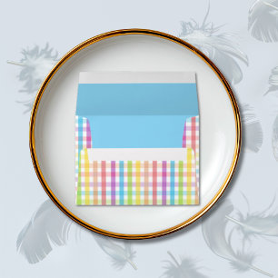 Modern Pastel Gingham Rainbow Baby Shower Blue A7 Envelope