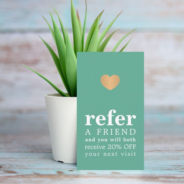 Modern Pastel Green White Faux Gold Heart Salon  Referral Card (Creator Uploaded)