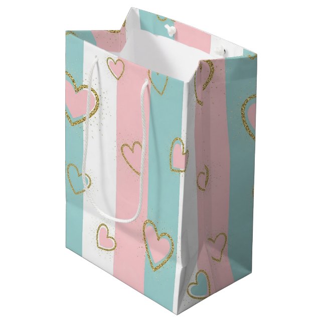 Modern Pastel Hearts with Subtle Gold Highlights Medium Gift Bag (Front Angled)