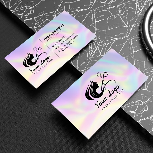 Modern Pastel Holographic Hair Stylist Logo Business Card (Creator Uploaded)