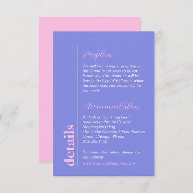 Modern Pastel Lilac Blue Pink Wedding Info Enclosure Card (Front/Back)