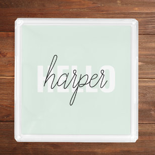 Modern Pastel Mint Hello And You Name Acrylic Tray