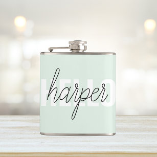 Modern Pastel Mint Hello And You Name Hip Flask