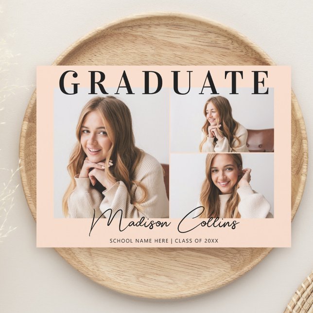 Modern Pastel Peach 3 Photo Graduation Party Invitation (Creator Uploaded)