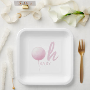 Modern Pastel Pink Balloon Baby Girl Shower Party Paper Plate