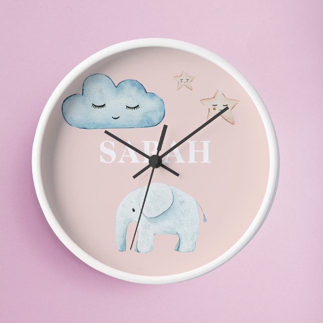 Modern Pastel Pink & Blue Child Name Round Clock (Creator Uploaded)