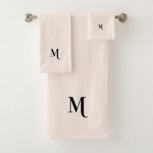 Modern Pastel Pink Elegant Black Monogram Initial Bath Towel Set