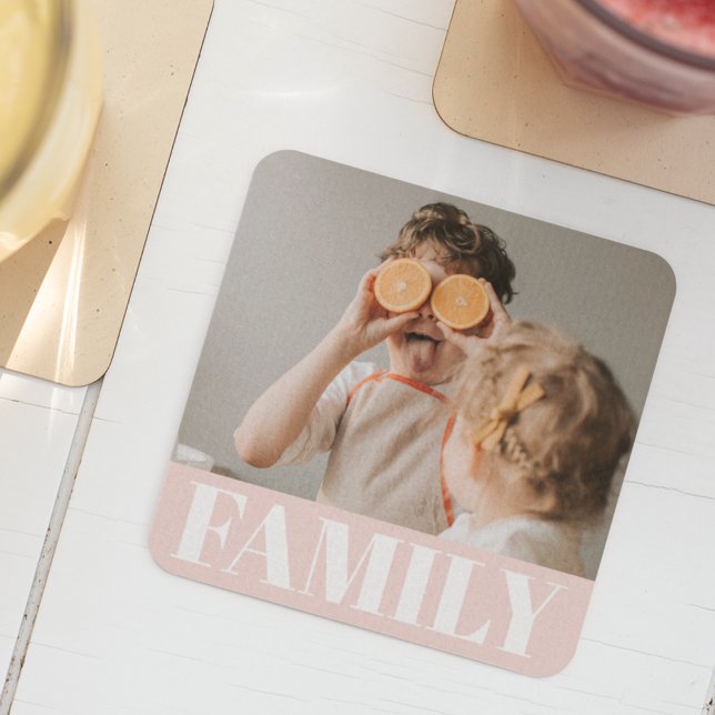 Modern Pastel Pink Family Photo Gift Glass Coaster (Creator Uploaded)