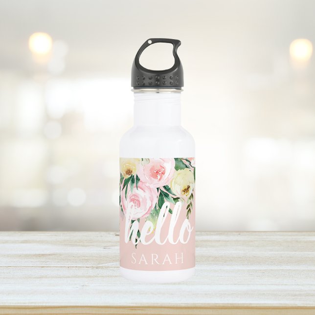 Modern Pastel Pink Flowers Hello And You Name 532 Ml Water Bottle (Creator Uploaded)