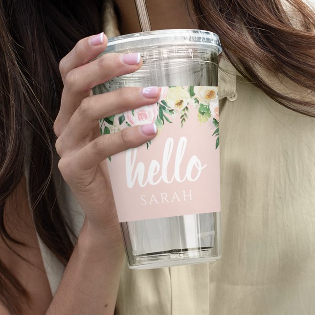 Modern Pastel Pink Flowers Hello And You Name Acrylic Tumbler (Creator Uploaded)