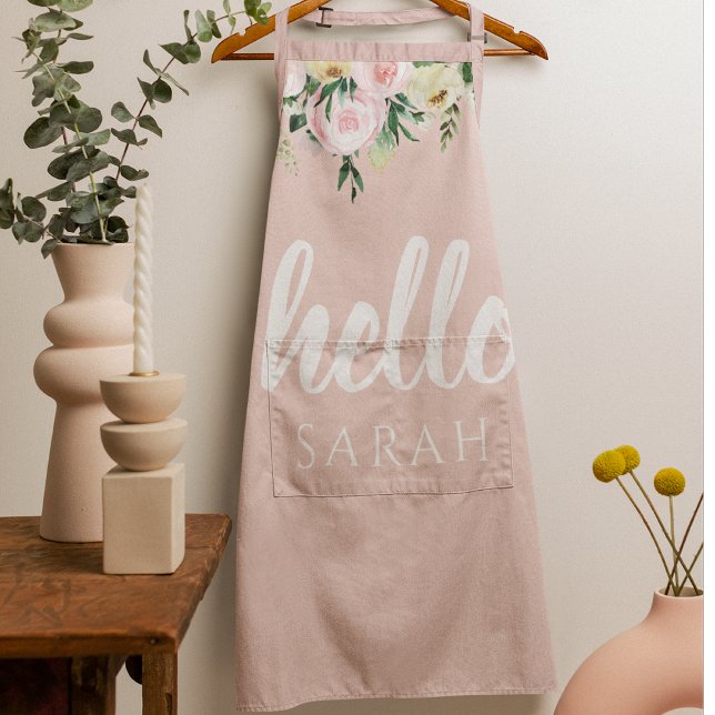 Modern Pastel Pink Flowers Hello And You Name Apron (Creator Uploaded)