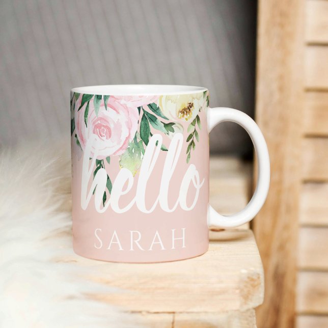Modern Pastel Pink Flowers Hello And You Name Coffee Mug (Creator Uploaded)