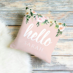 Modern Pastel Pink Flowers Hello And You Name Cushion