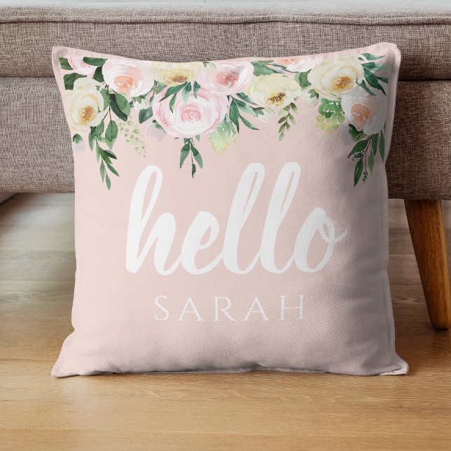 Modern Pastel Pink Flowers Hello And You Name Cushion (Creator Uploaded)