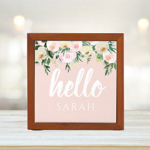 Modern Pastel Pink Flowers Hello And You Name Desk Organiser