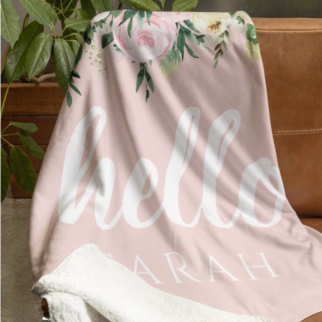 Modern Pastel Pink Flowers Hello And You Name Fleece Blanket (Creator Uploaded)