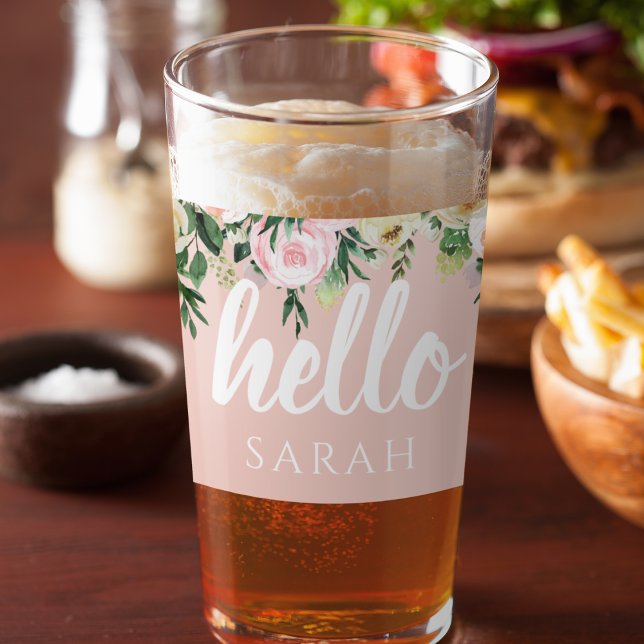 Modern Pastel Pink Flowers Hello And You Name Glass (Creator Uploaded)