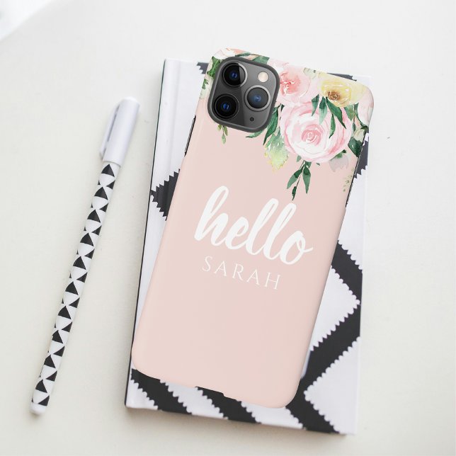Modern Pastel Pink Flowers Hello And You Name iPhone Case (Creator Uploaded)